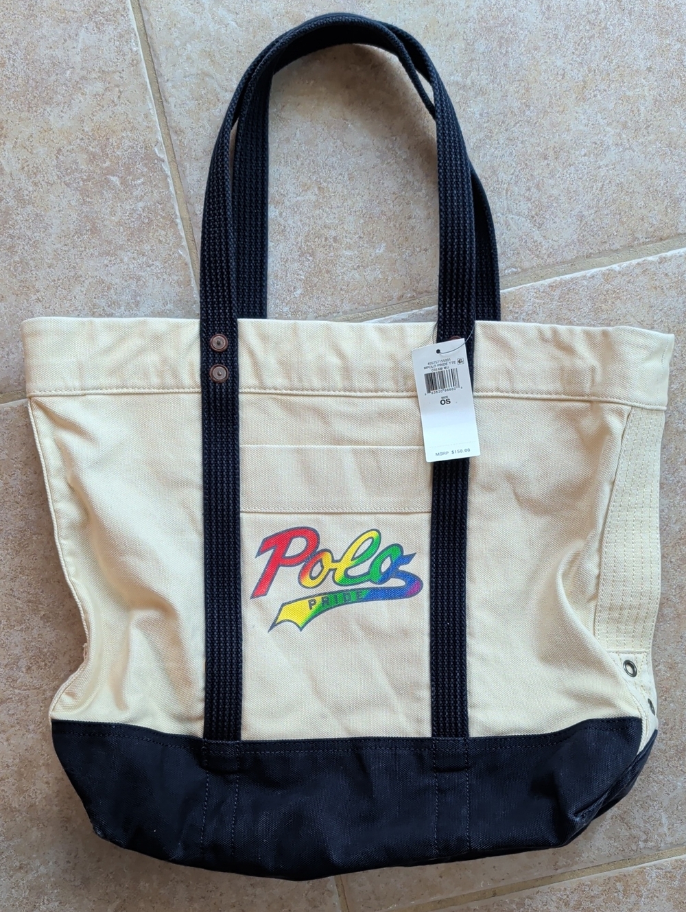RALPH LAUREN NATURAL CANVAS Pride LARGE LOGO TOTE BAG Cream Blue NWT - Picture 6 of 8